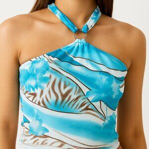 St. John Sport VTG Vintage Knit Halter Crop Top Floral Tropical Animal Print S